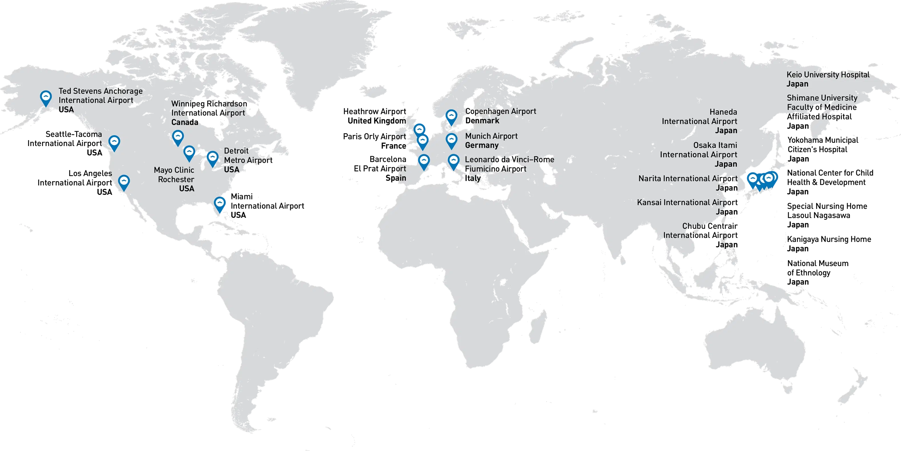Map of WHILL autonomous drive service deployment locations