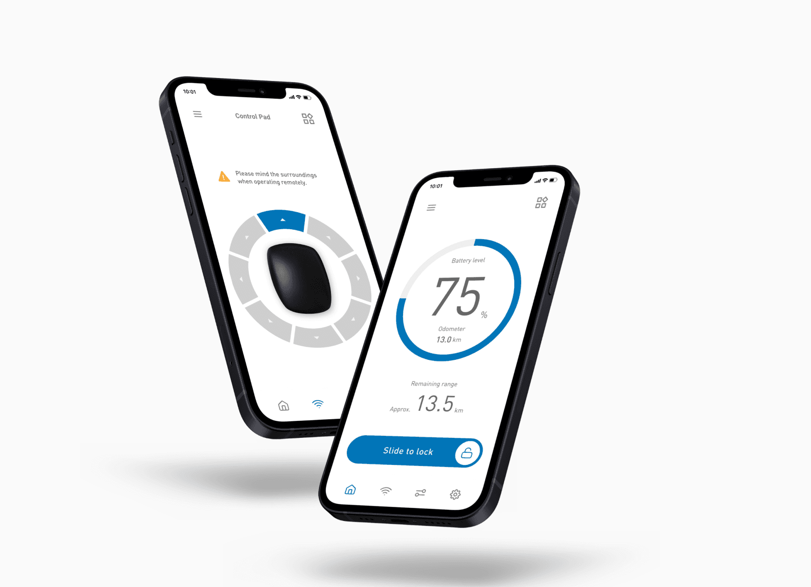 WHILL app showing battery level and remote lock on two smartphones
