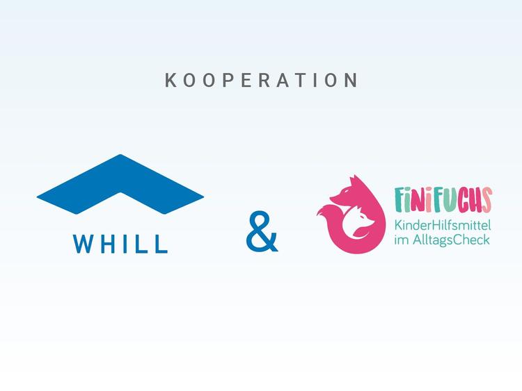 WHILL-Logo und Logo von Finifuchs auf hellblauen Untergrund. Darüber steht das Wort Kooperation.