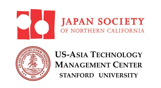 Logos for Japan Society of Northern California featuring red geometric shapes and US-Asia Technology Management Center at Stanford University with seals.