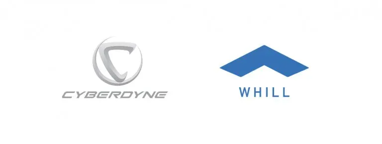 Logos of two companies: on the left, a silver "C" emblem with "CYBERDYNE" text; on the right, a blue symbol above "WHILL" text. Clean and modern design.