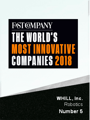 "Fast Company logo with text 'The World's Most Innovative Companies 2018' beside 'WHILL, Inc. Robotics Number 5' on a black and white background."