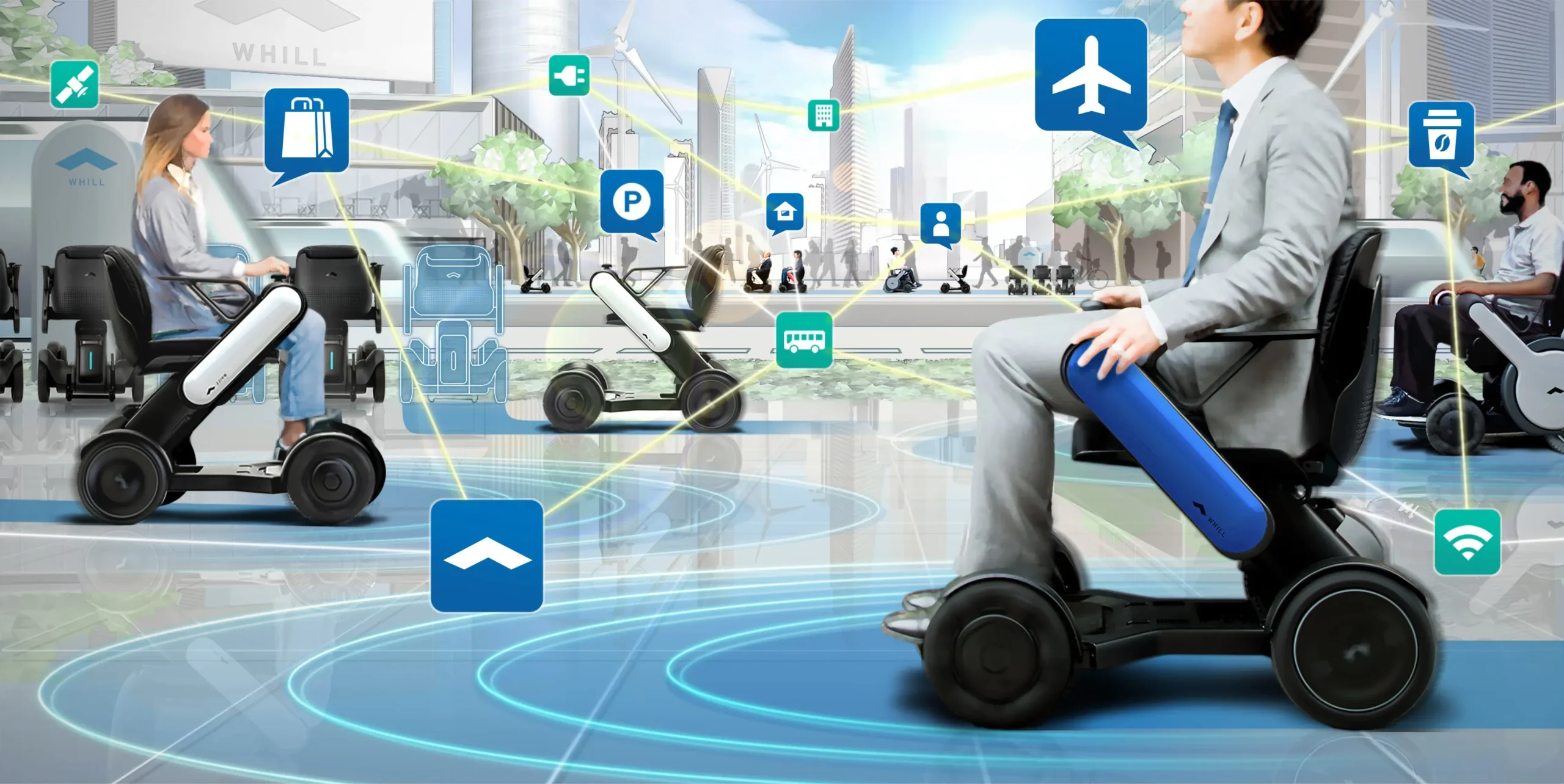 Futuristic urban scene with people on sleek mobility power chairs amidst digital icons for transport and communication, exuding efficiency and innovation.