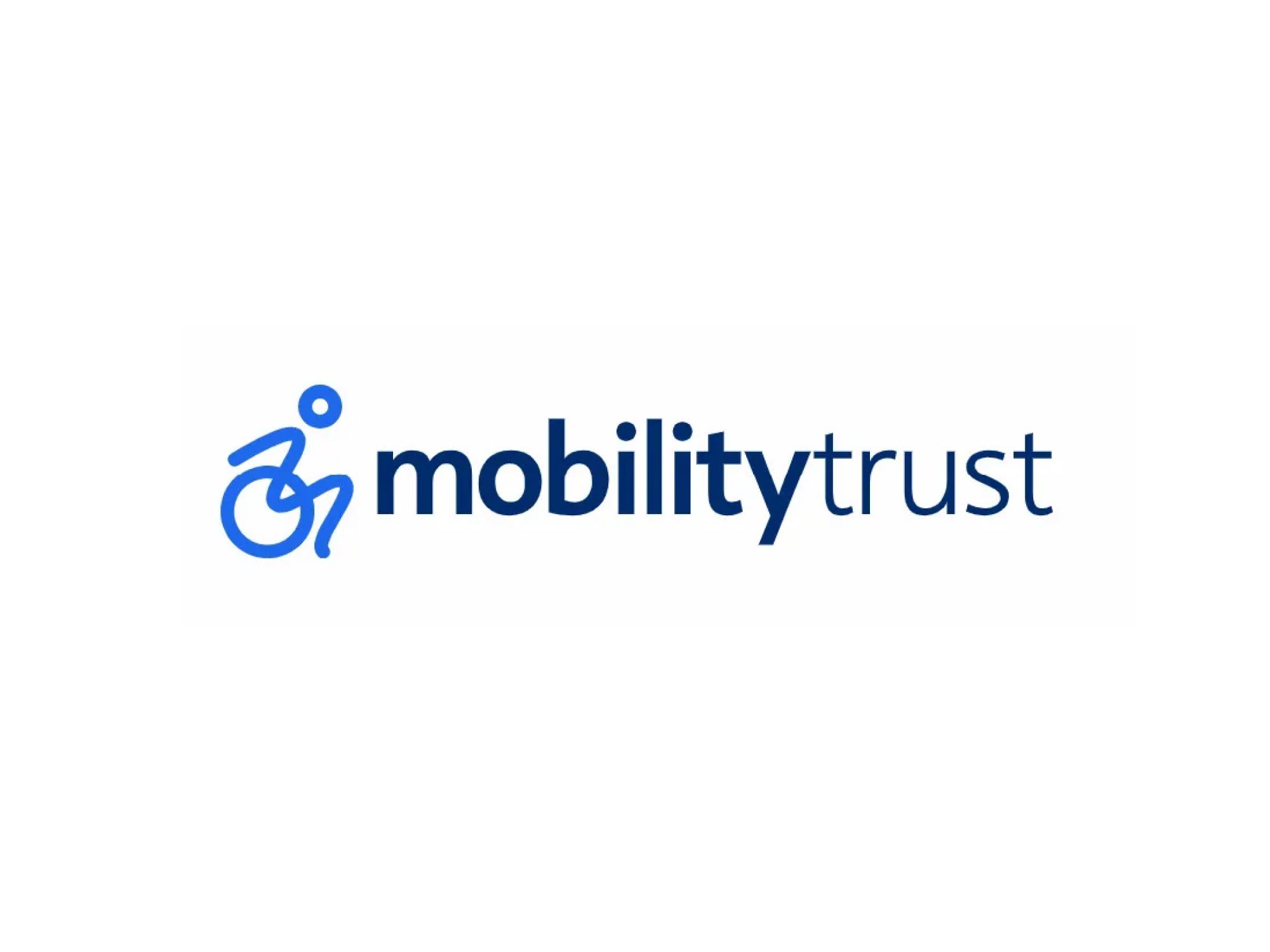 Logo of Mobility Trust, featuring a blue icon of a person in a wheelchair beside the words 'mobility trust' in bold, modern font on a white background