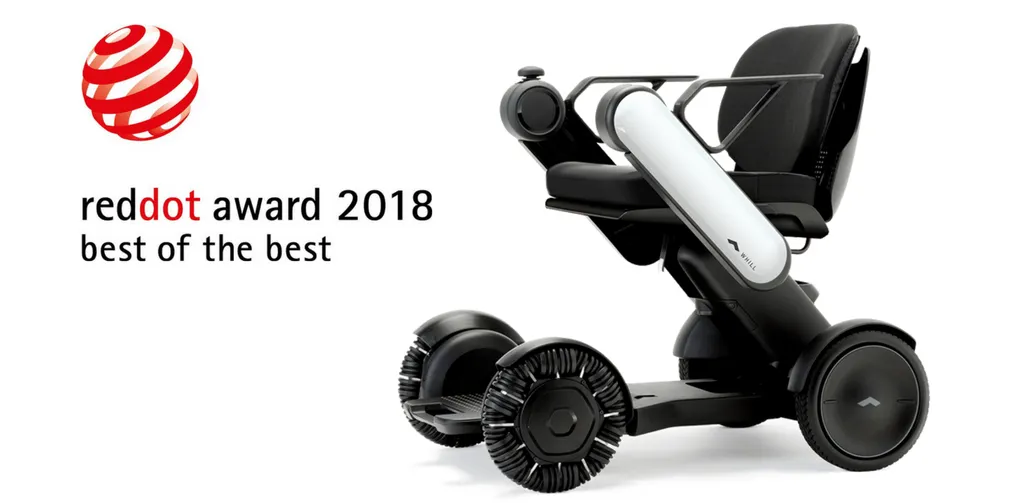 WHILL Model C power chair mobility device with omni wheels, awarded "Red Dot Best of the Best 2018."