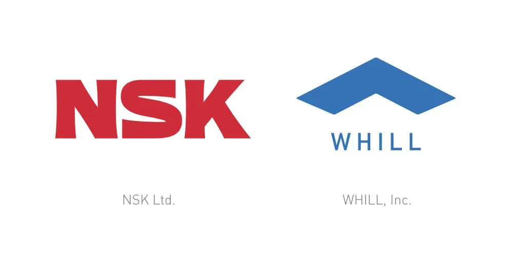 Logos of two companies: "NSK" in bold red text on the left and "WHILL" with a blue angular symbol above in a minimalist design on the right.