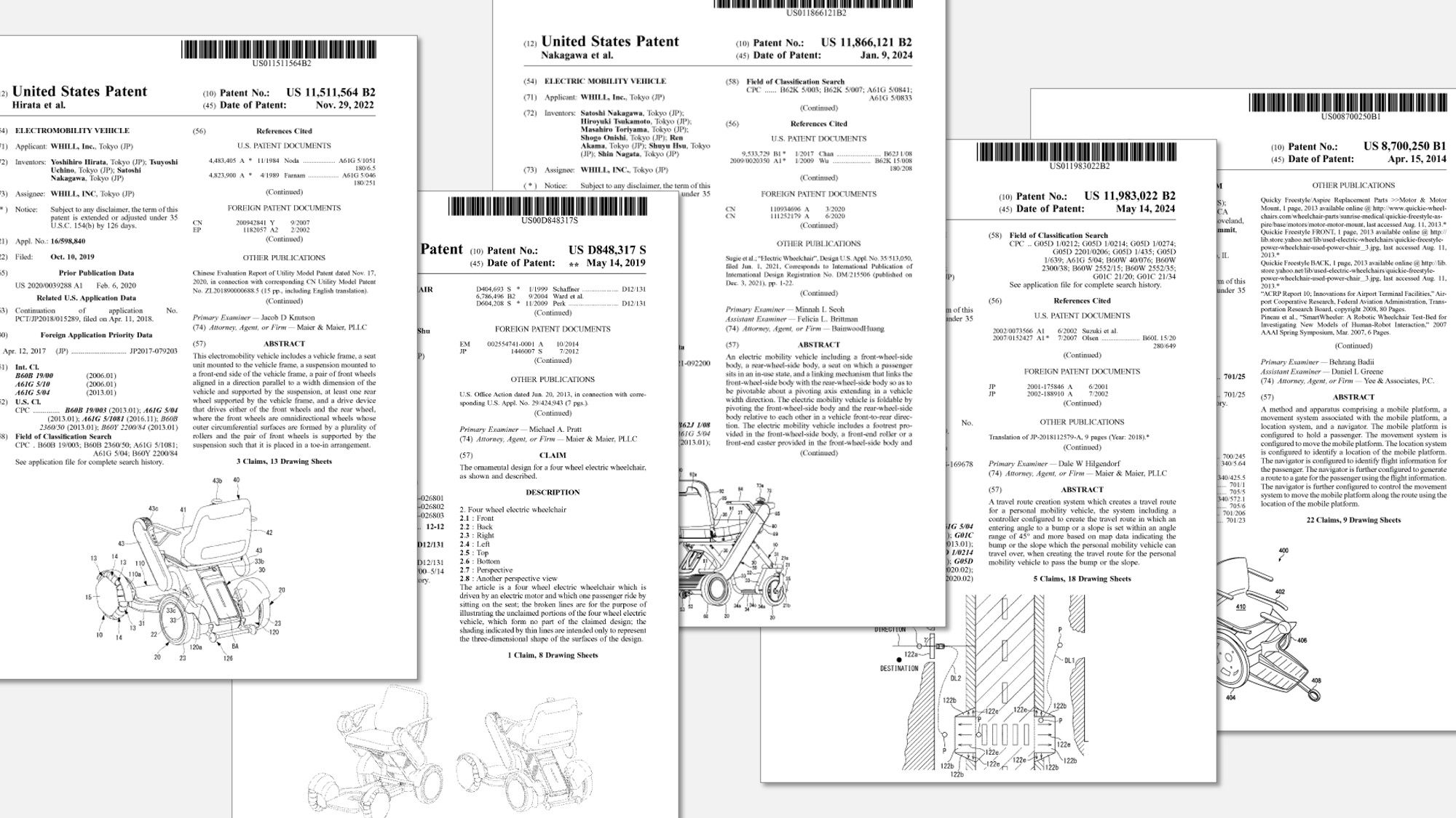 A collage of U.S. patent documents features technical drawings of mobility vehicles. Text dominates, conveying an official and detailed tone.