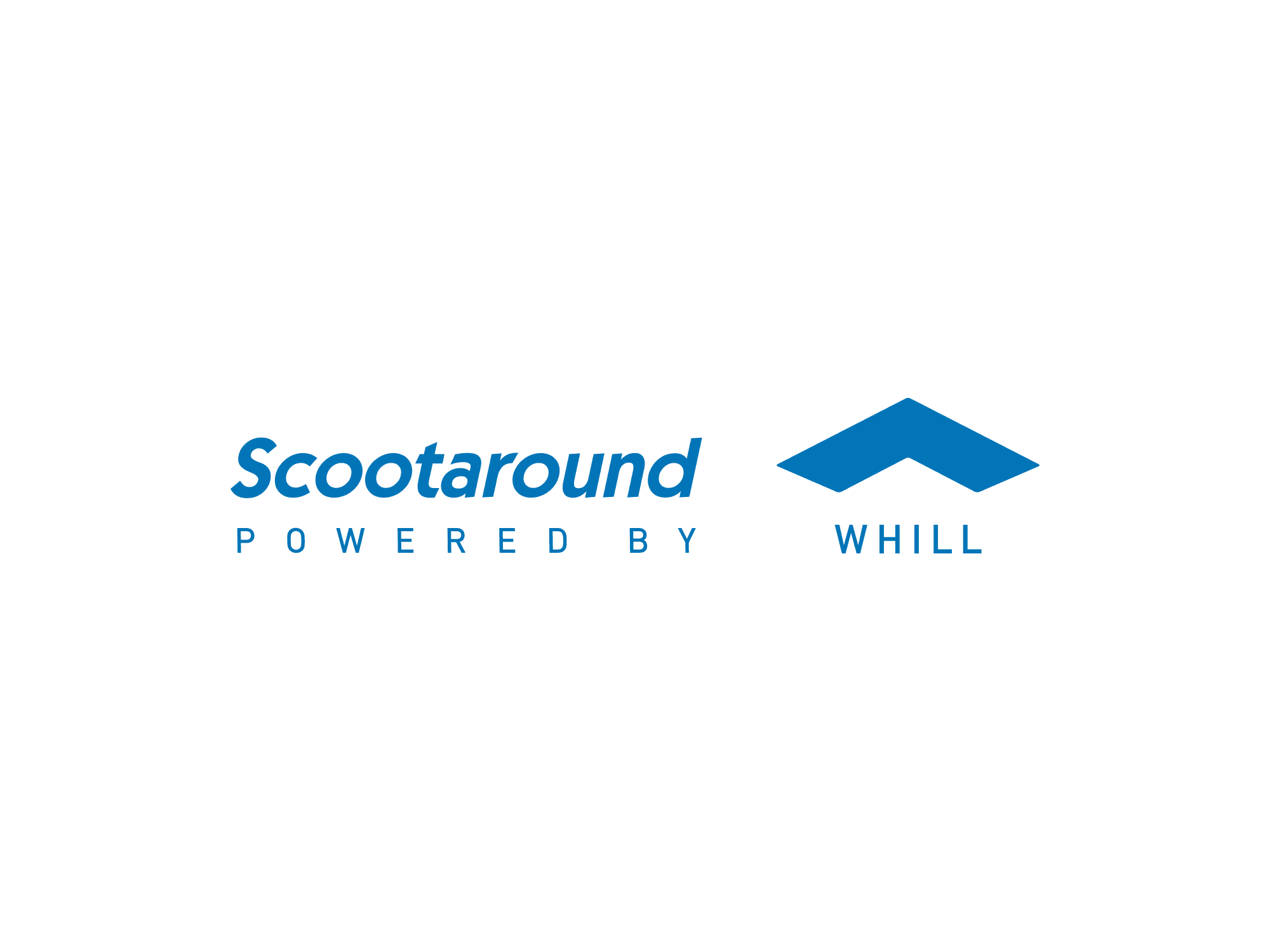 Blue text logo with "Scootaround Powered by WHILL" on a white background.