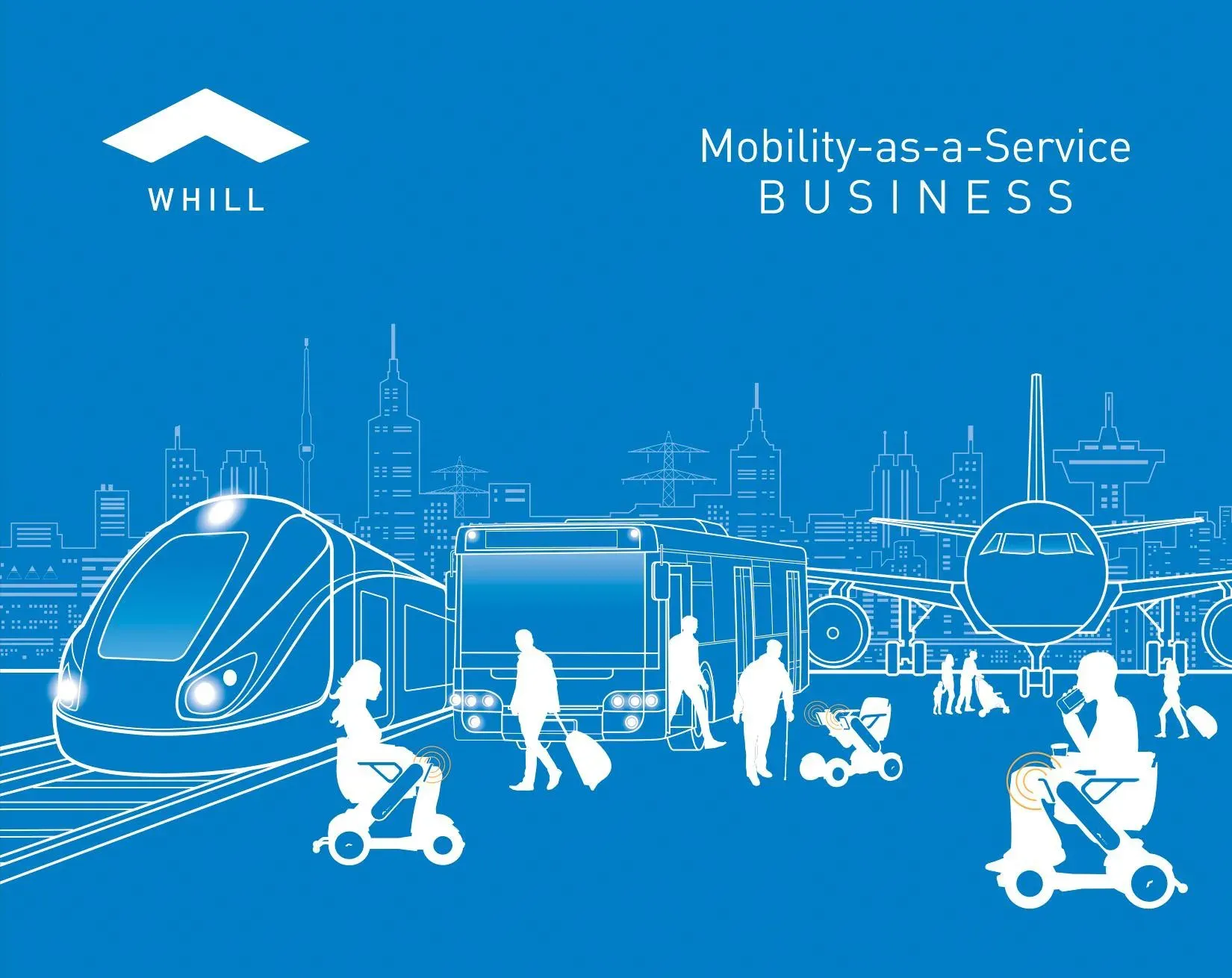 Silhouetted people using mobility devices are seen near a train, bus, and airplane, set against a cityscape. Text reads "Mobility-as-a-Service Business."
