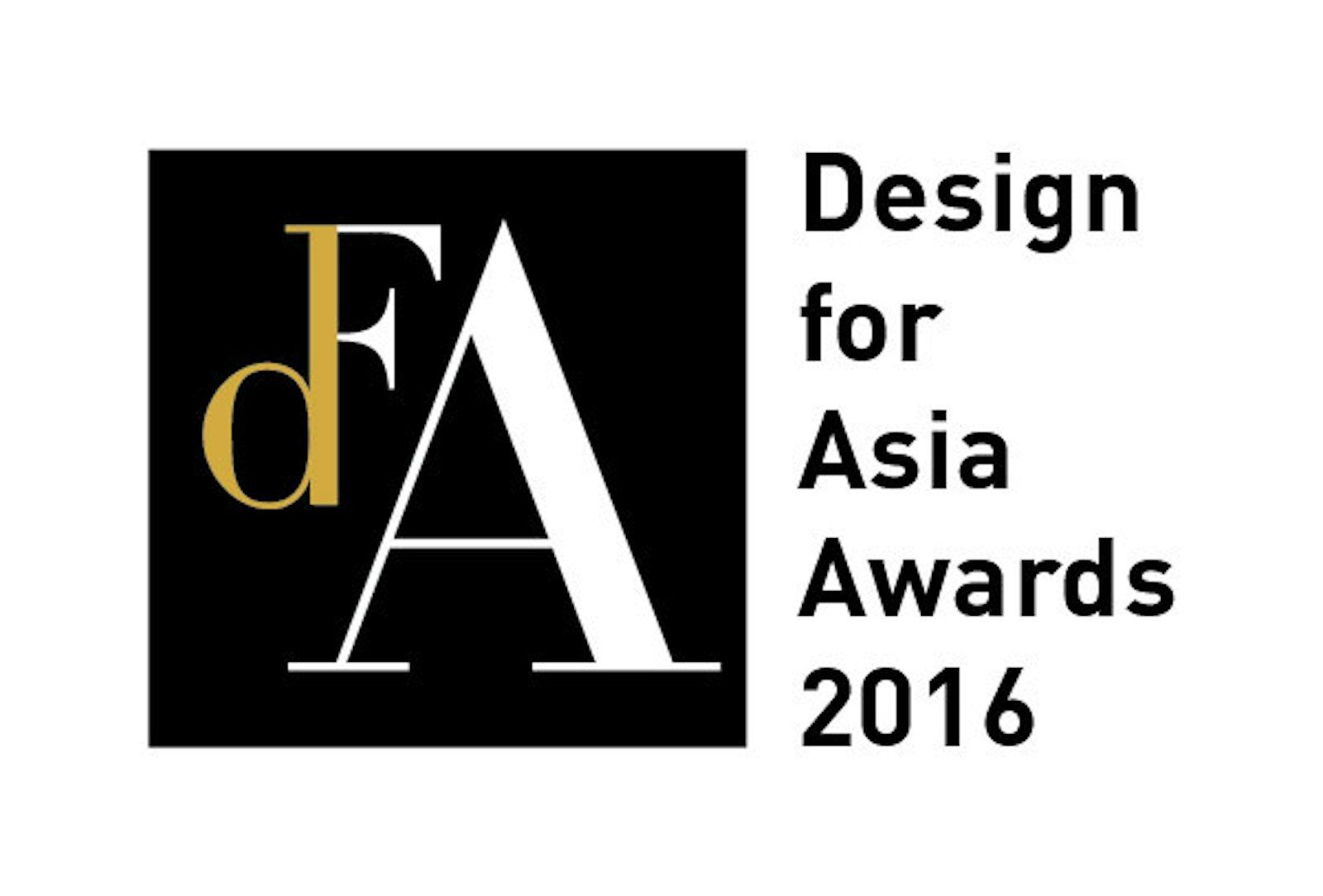 "Design for Asia Awards 2016 logo with bold letters 'dFA' on a black square background. 'Design for Asia Awards 2016' in black text on the right."