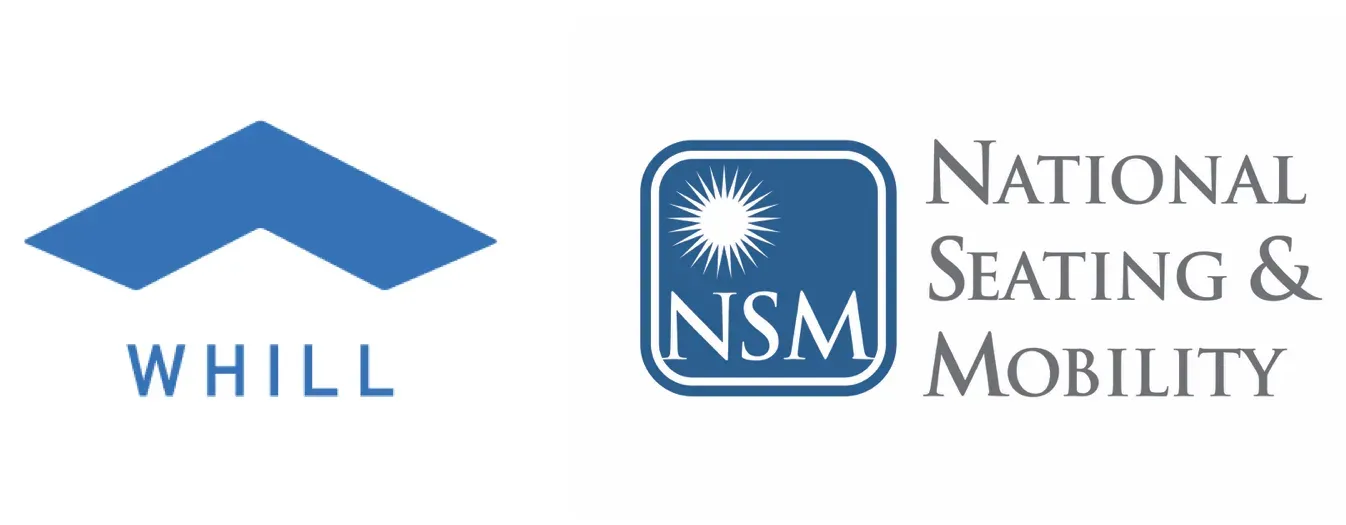 Logos of two companies: WHILL with a blue abstract shape above the name, and National Seating & Mobility featuring "NSM" in a blue square with a sunburst.