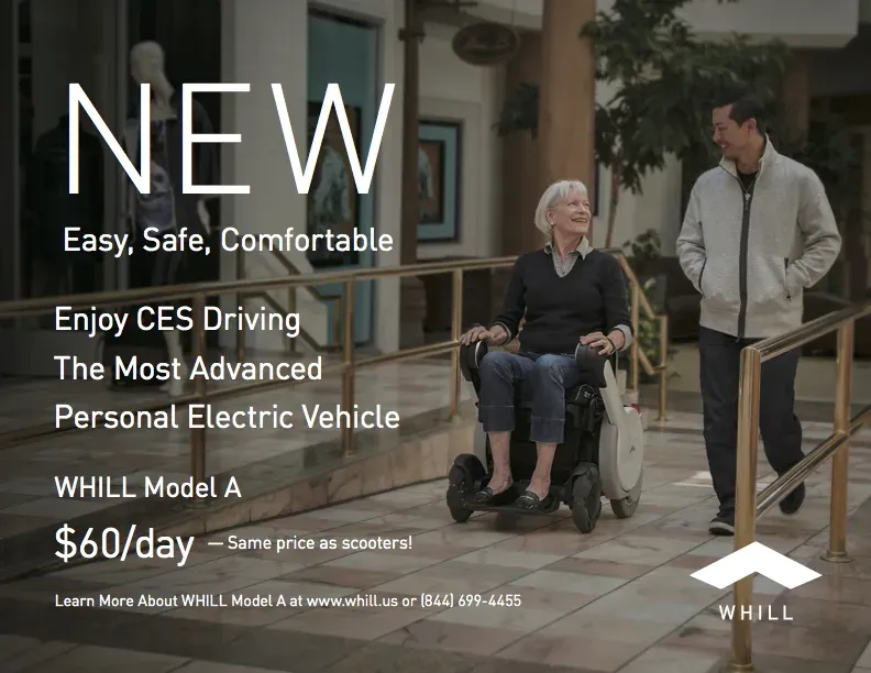 An elderly person in a personal power chair smiles at a companion walking beside them. Text highlights features of the WHILL Model A.