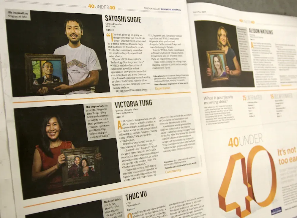 Magazine spread titled "40 Under 40" featuring portraits of honorees holding framed photos, alongside text detailing their achievements and inspirations.
