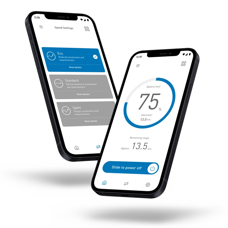 Cell Phone showcasing WHILL's smartphone app for power chair monitoring