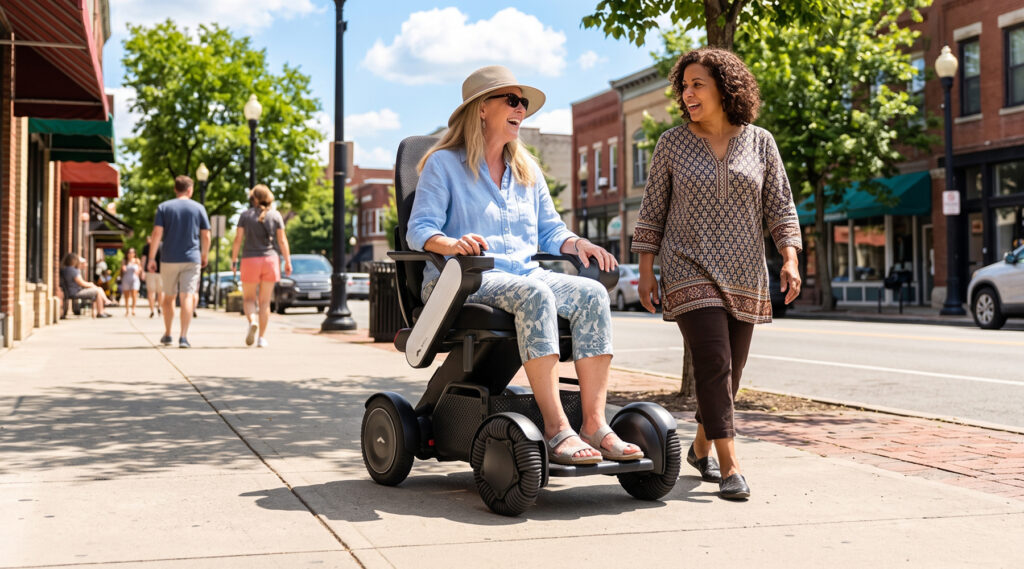 sidewalk-model-c2-highback-1800X1000 Woman walking next to another women who is on a power chair